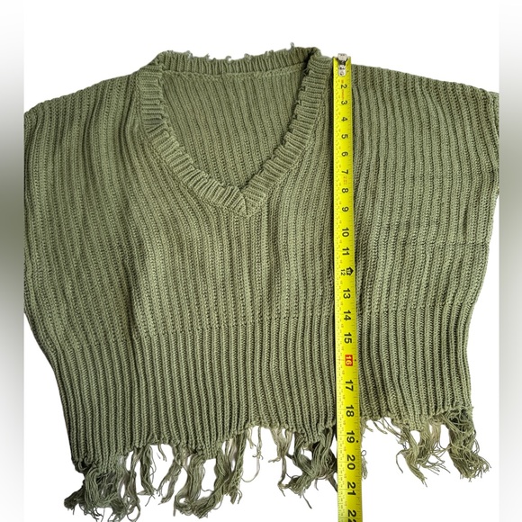 Women Raw Hem V-Neck Green Sweater Long Sleeve Ribbed Knit Pullover Jumper Top S - Picture 9 of 10